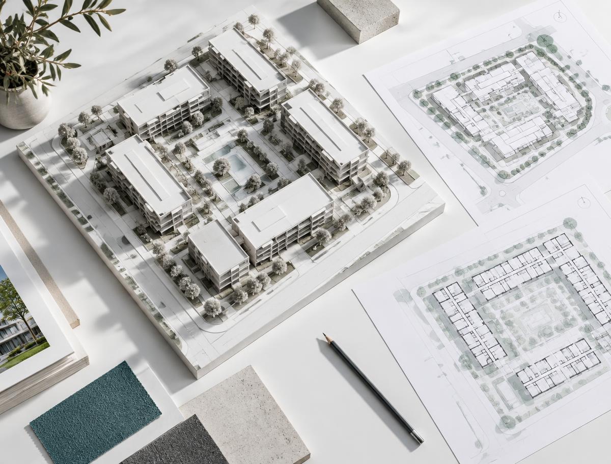 Ilustrační architektonický model a plány rezidenčního projektu